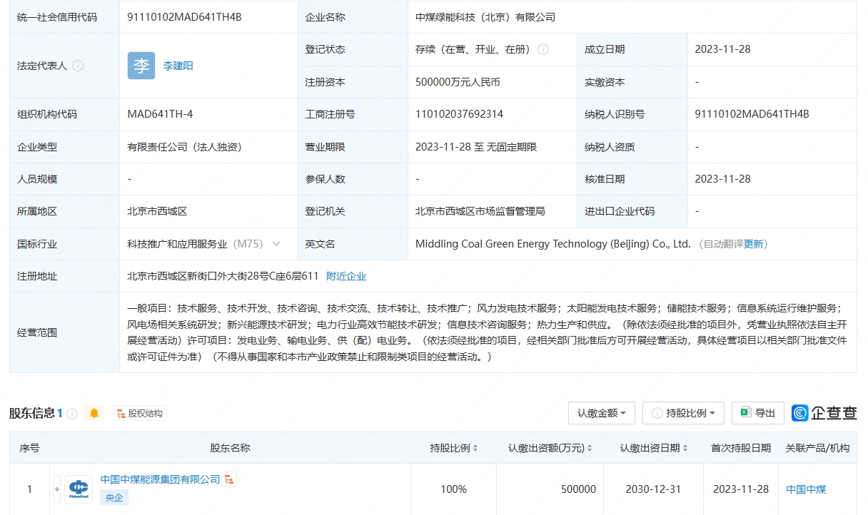 中煤绿能科技公司成立 聚焦风电场系统研发，绿色能源再添新动力